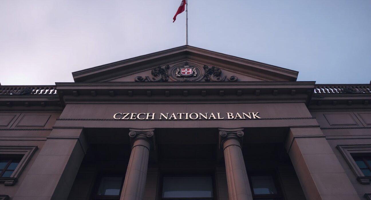 Czech National Bank headquarters in Prague, with the bank's sign visible, representing the central bank's rate decision.