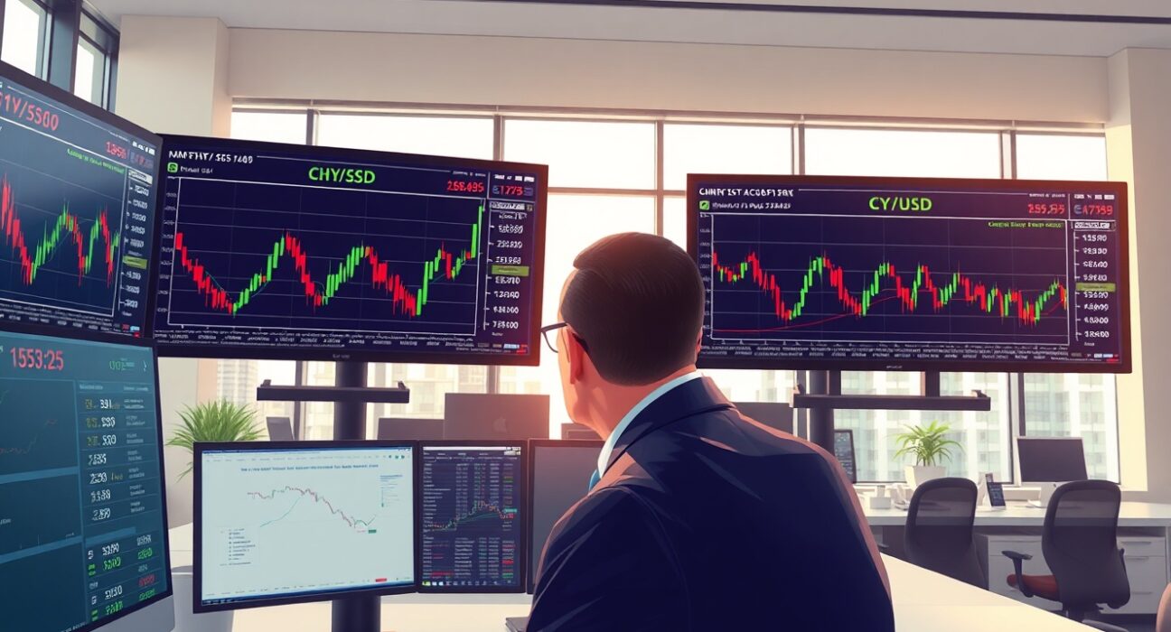 Financial analyst examining CNY currency exchange data and market charts in professional trading environment