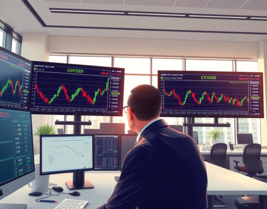Financial analyst examining CNY currency exchange data and market charts in professional trading environment