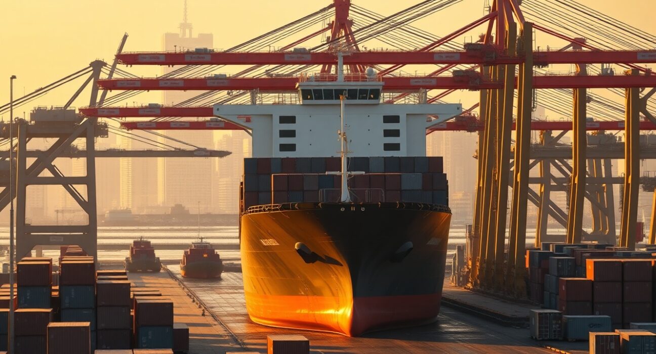 Container ship unloading at Shanghai port representing China's export strength supporting the CNY currency.
