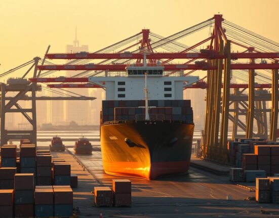 Container ship unloading at Shanghai port representing China's export strength supporting the CNY currency.