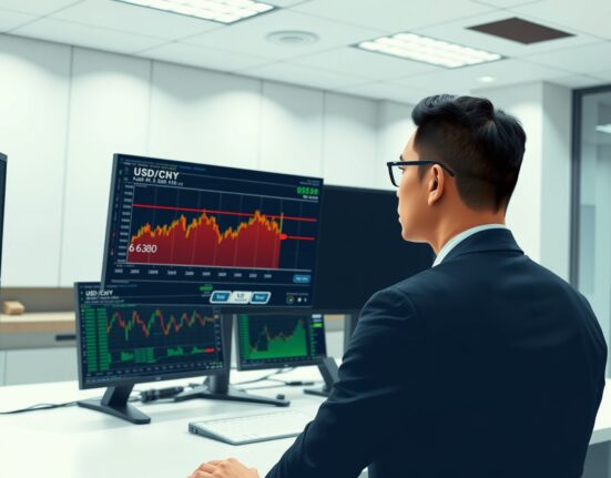 Financial analyst reviews USD/CNY exchange rate data forecasting a test of the 6.80 level.