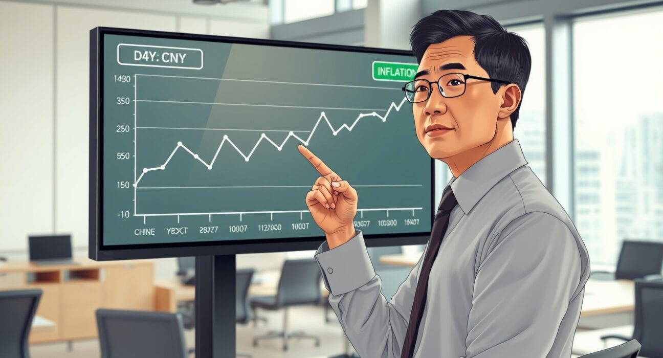 Financial analyst examines CNY inflation recovery data charts in professional newsroom setting