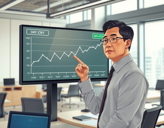 Financial analyst examines CNY inflation recovery data charts in professional newsroom setting