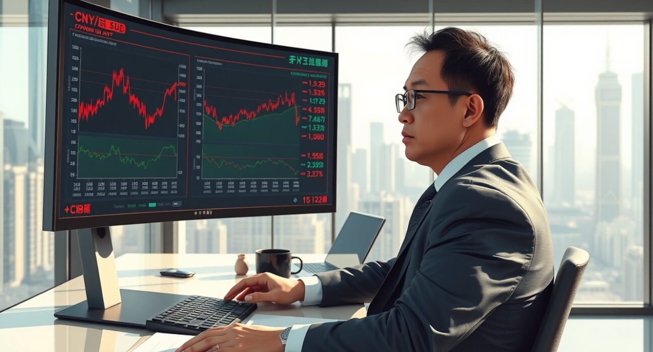 Financial analyst in Shanghai reviews CNY and Chinese Government Bond data charts for market analysis.