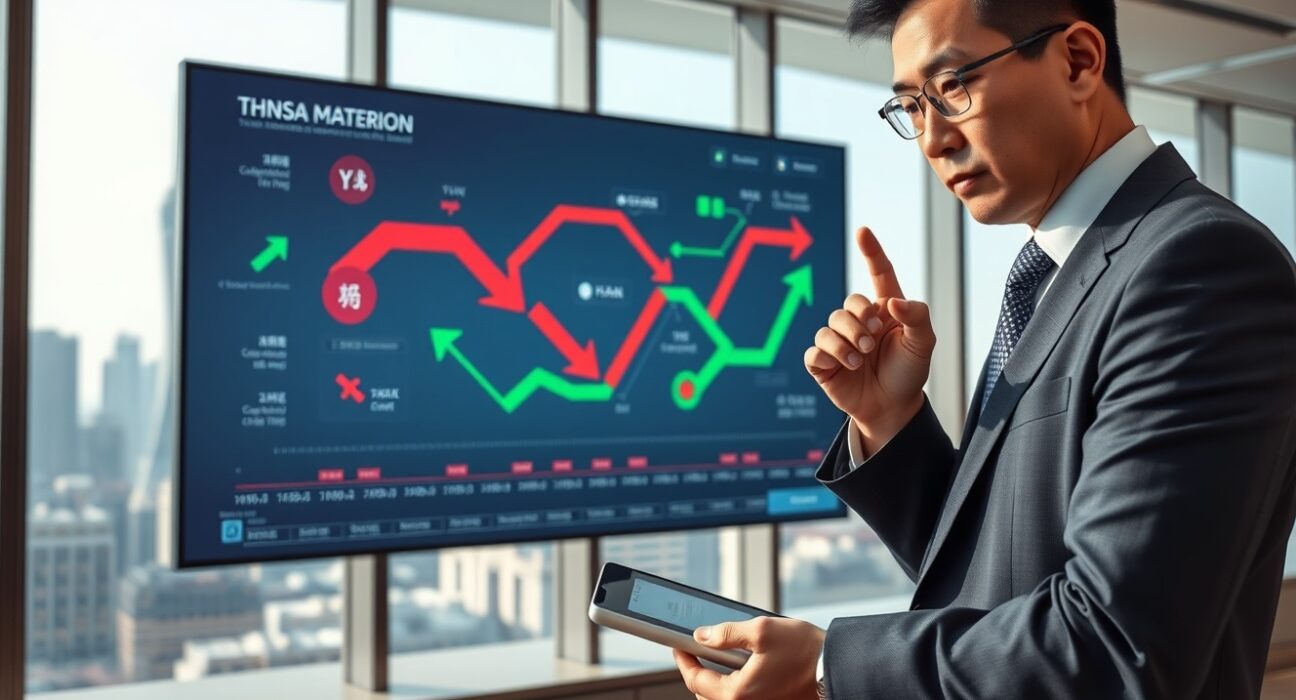 Financial analyst reviewing CNY capital flow divergence data on trading floor display showing safe