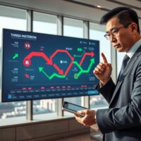 Financial analyst reviewing CNY capital flow divergence data on trading floor display showing safe