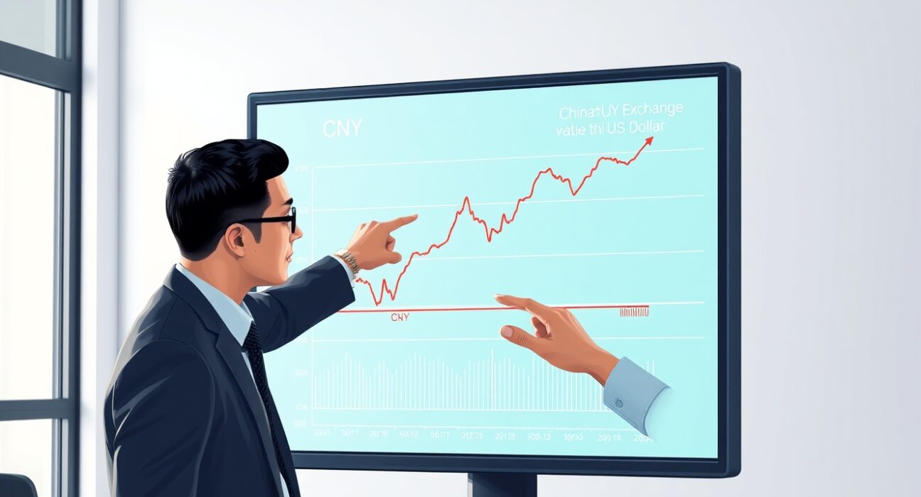 Financial analyst reviewing Chinese yuan CNY exchange rate chart for stability insights.