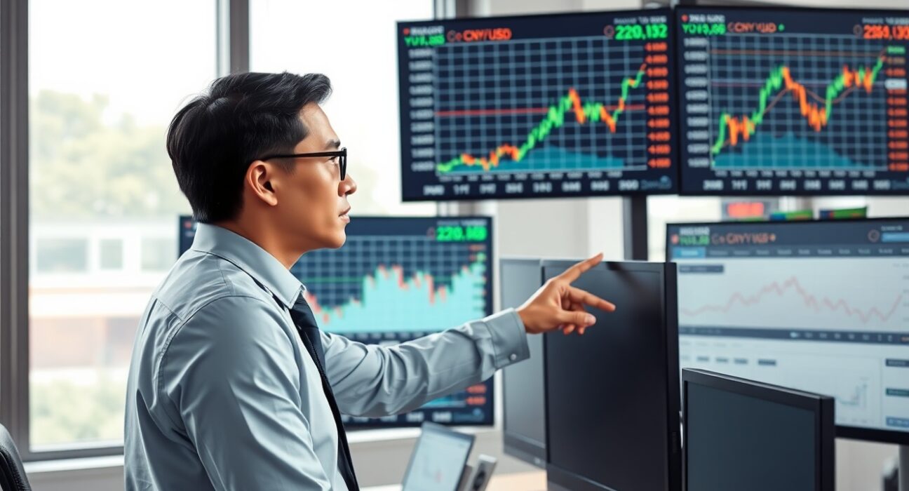 Financial analyst examines Chinese yuan currency charts showing CNY trade normalization and growth risks analysis