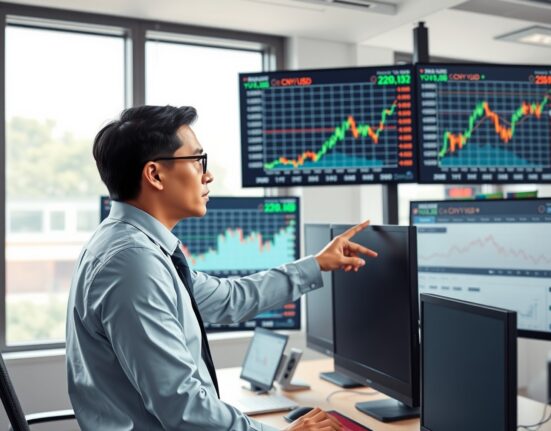 Financial analyst examines Chinese yuan currency charts showing CNY trade normalization and growth risks analysis