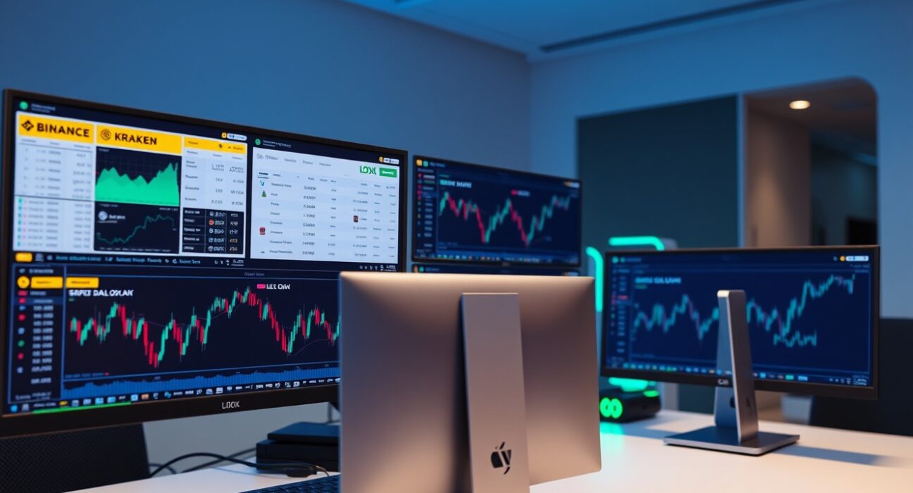 Cryptocurrency trading monitors displaying Lido DAO (LDO) charts and exchange interfaces