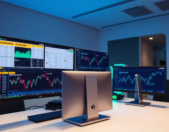 Cryptocurrency trading monitors displaying Lido DAO (LDO) charts and exchange interfaces