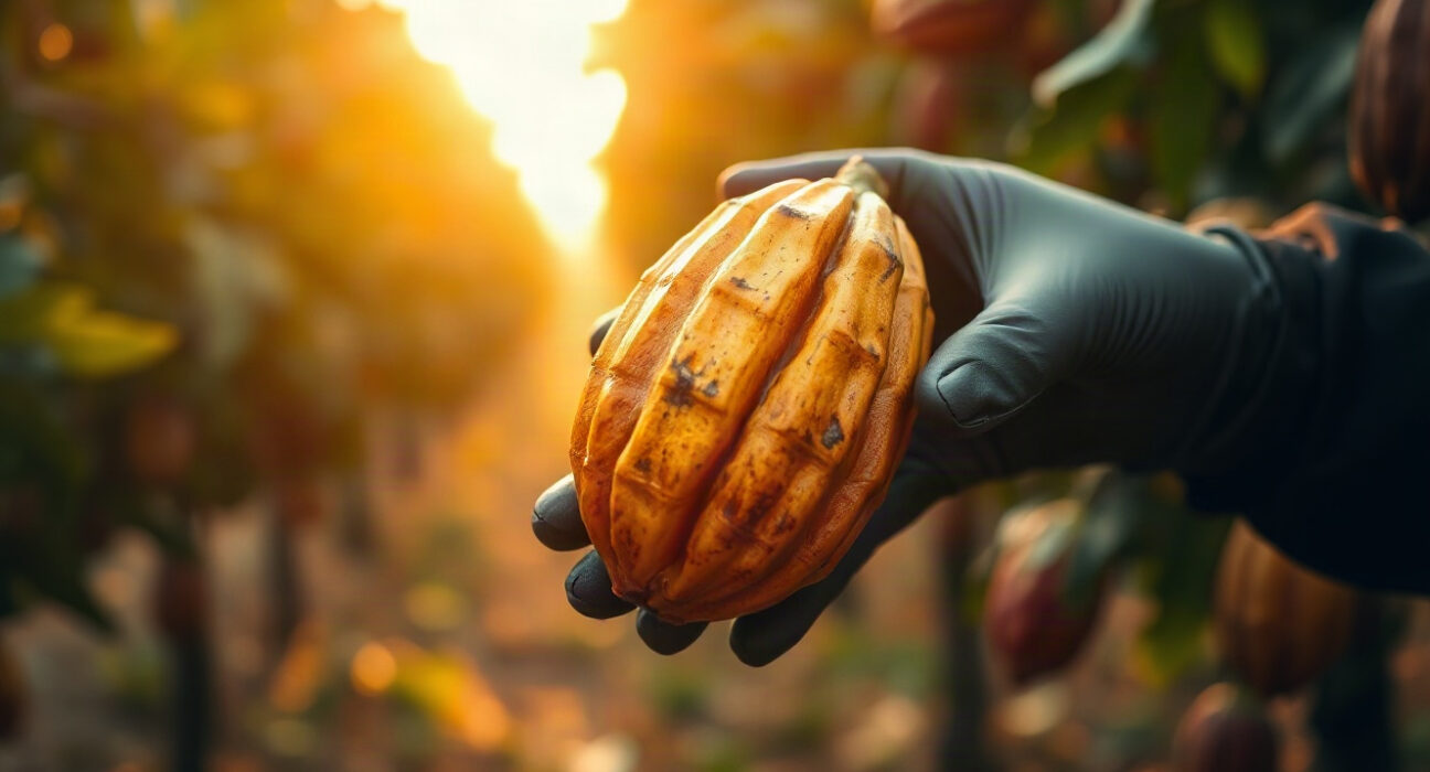 Cocoa pod in a gloved hand at a plantation, symbolizing cocoa futures market analysis.