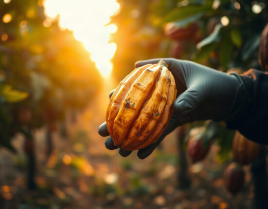 Cocoa pod in a gloved hand at a plantation, symbolizing cocoa futures market analysis.