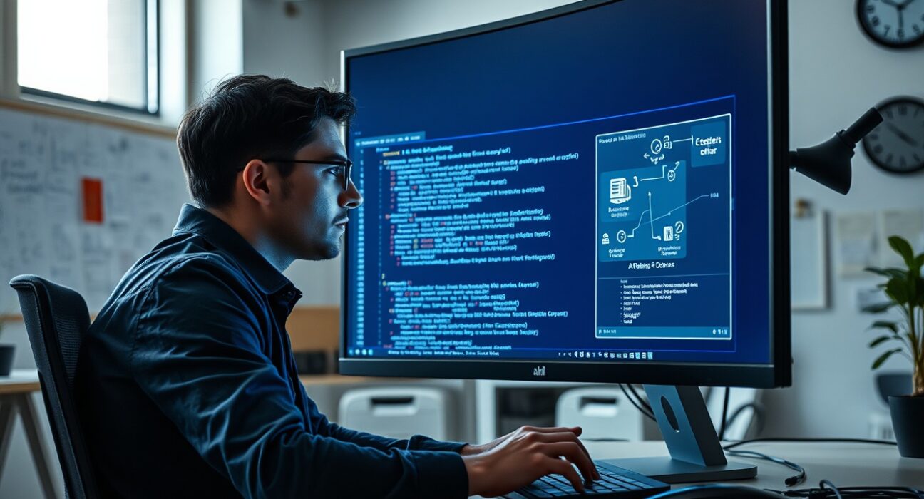 Developer at desk looking at AI coding assistant on monitor, expressing both reliance and concern