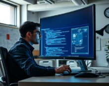 Developer at desk looking at AI coding assistant on monitor, expressing both reliance and concern