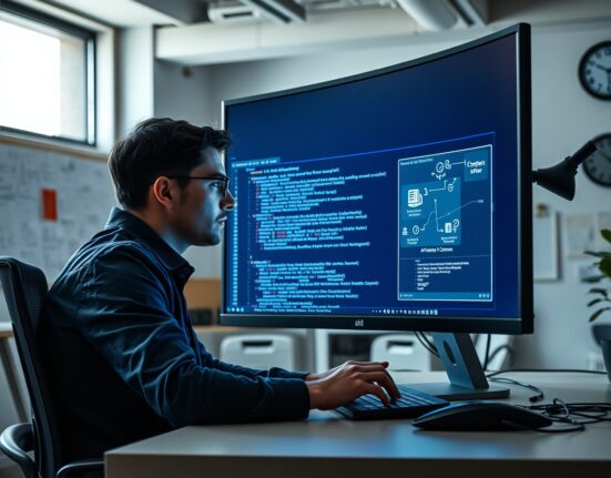 Developer at desk looking at AI coding assistant on monitor, expressing both reliance and concern
