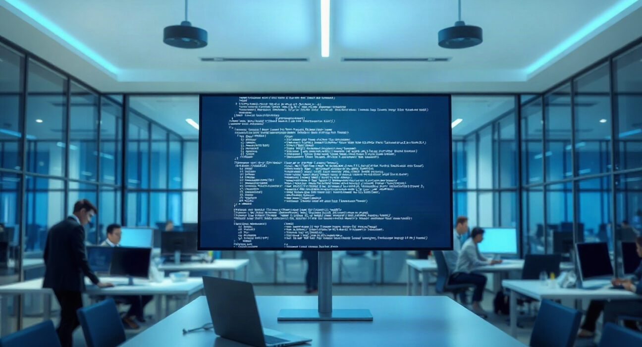 Abstract code on a large screen in a modern office, representing AI software development and enterprise technology.