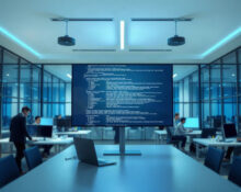 Abstract code on a large screen in a modern office, representing AI software development and enterprise technology.