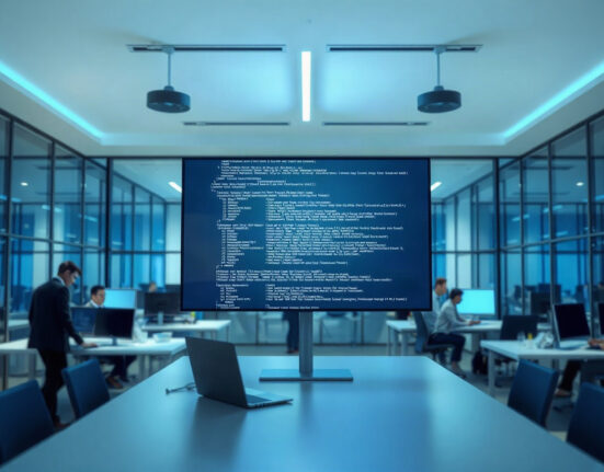 Abstract code on a large screen in a modern office, representing AI software development and enterprise technology.