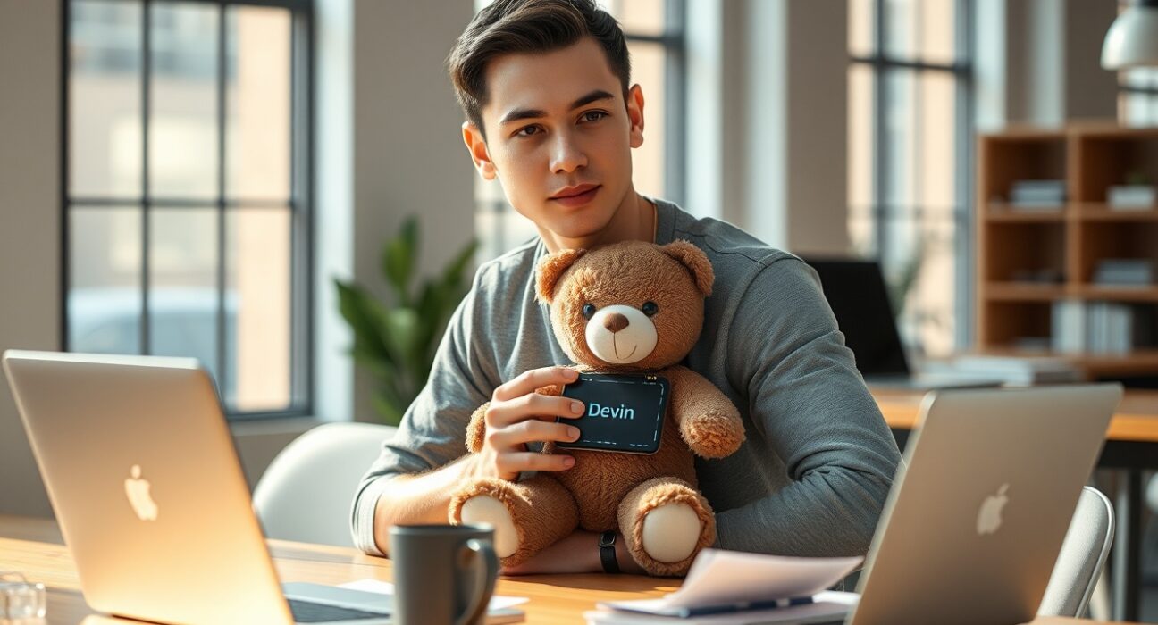 Scott Wu, CEO of Cognition, holding a Devin teddy bear at his desk in a sunlit office