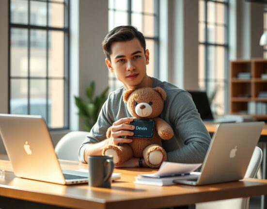 Scott Wu, CEO of Cognition, holding a Devin teddy bear at his desk in a sunlit office