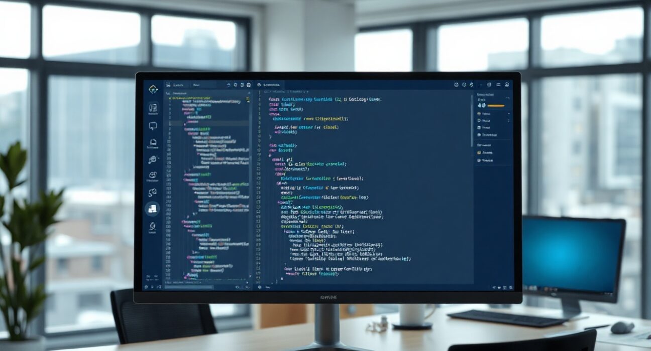 AI coding agent interface on a monitor in a modern office setting