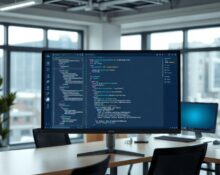 AI coding agent interface on a monitor in a modern office setting