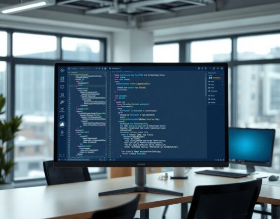 AI coding agent interface on a monitor in a modern office setting