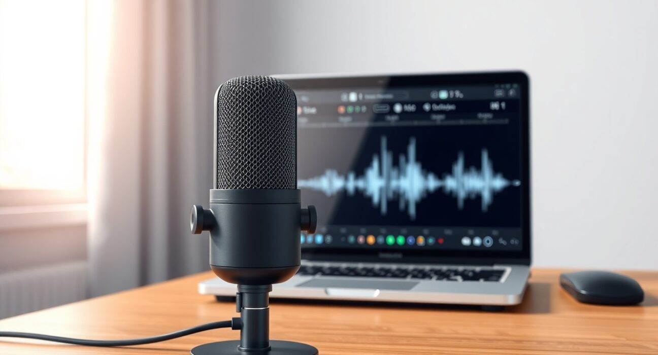 Cohere's Transcribe AI voice model represented by a professional microphone for speech recognition.