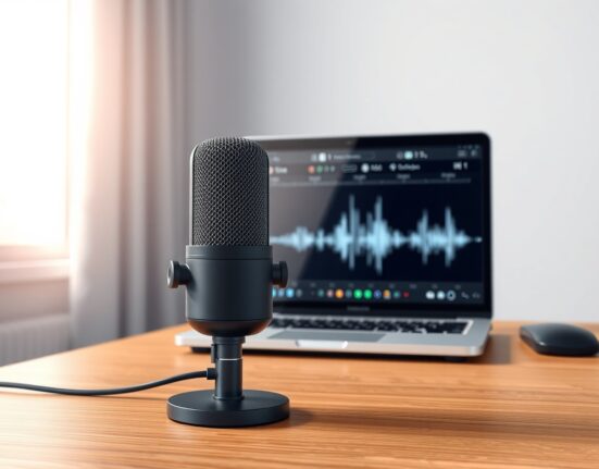 Cohere's Transcribe AI voice model represented by a professional microphone for speech recognition.