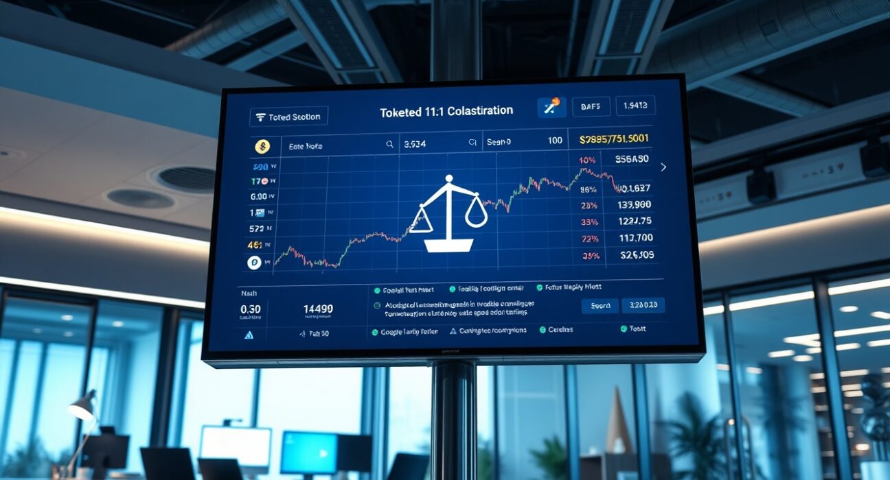 Digital trading interface displaying tokenized stock symbols and blockchain confirmations in a professional office setting