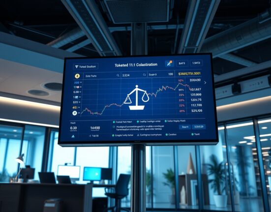 Digital trading interface displaying tokenized stock symbols and blockchain confirmations in a professional office setting