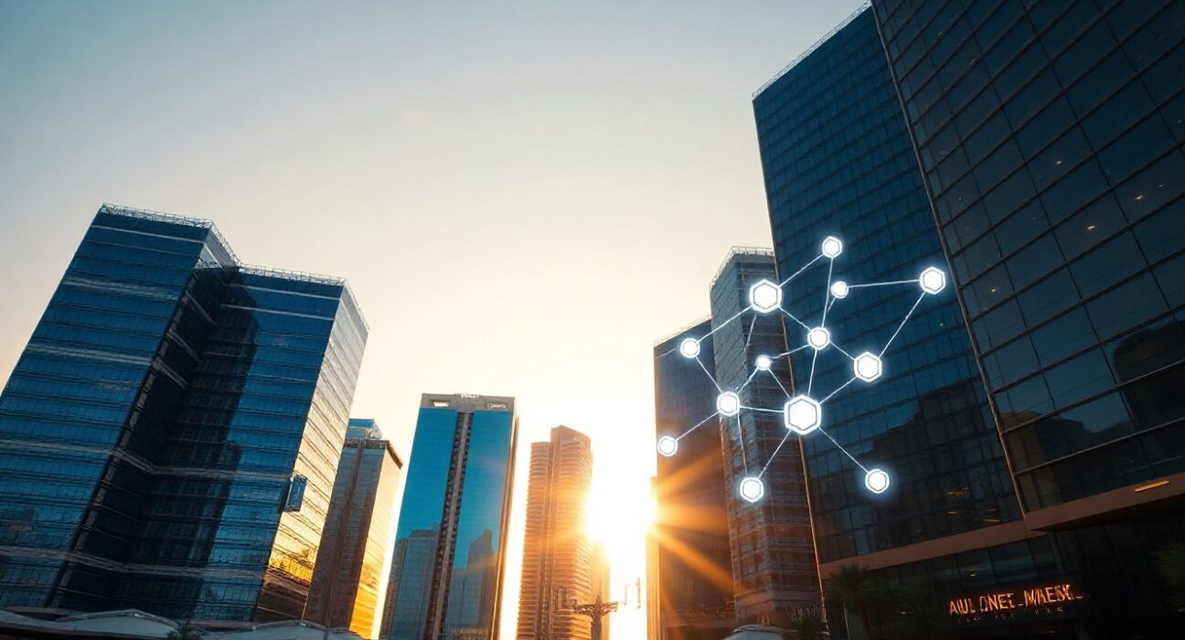Abu Dhabi Global Market skyline with digital overlay representing tokenized securities trading