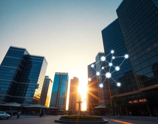 Abu Dhabi Global Market skyline with digital overlay representing tokenized securities trading