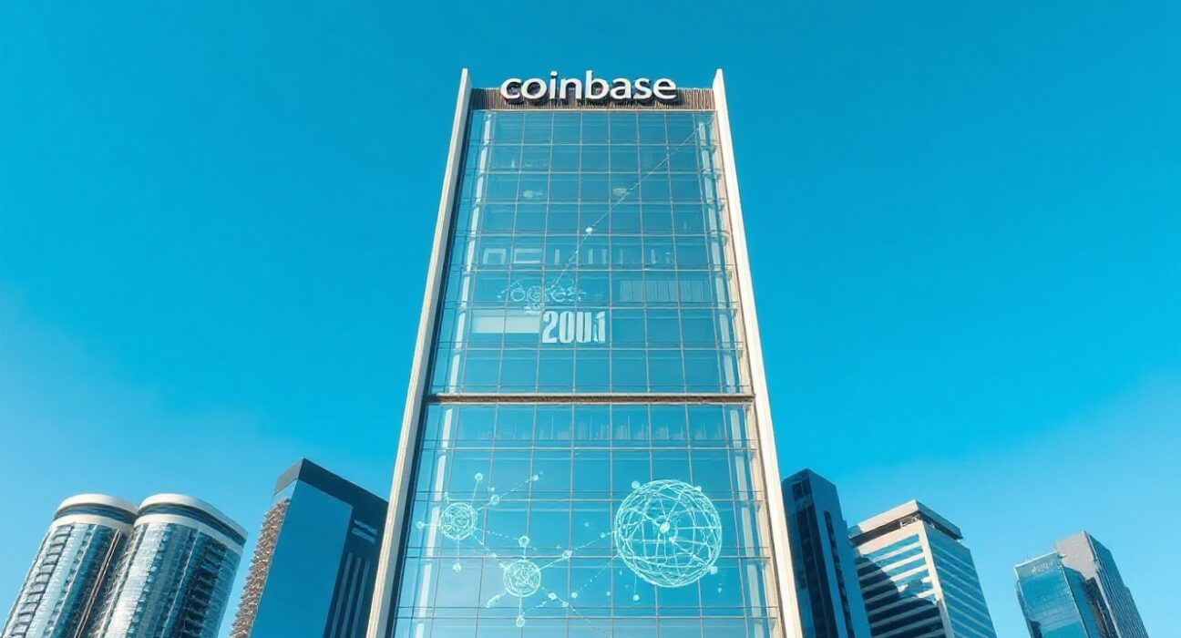 Abu Dhabi skyline with a modern glass office building representing Coinbase's new tokenization hub.