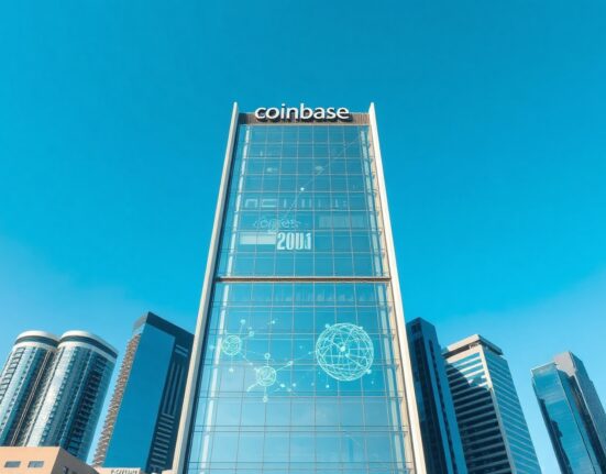 Abu Dhabi skyline with a modern glass office building representing Coinbase's new tokenization hub.