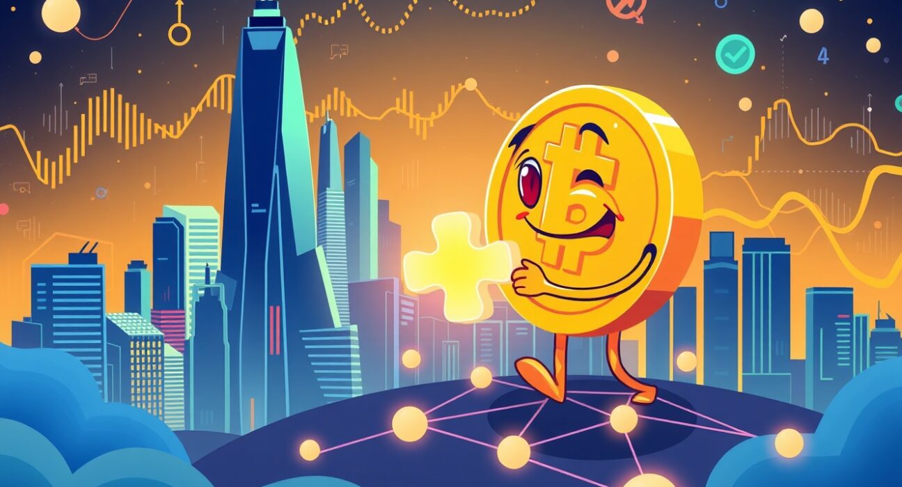 Strategic cartoon illustration of a cryptocurrency prediction market merger and expansion.