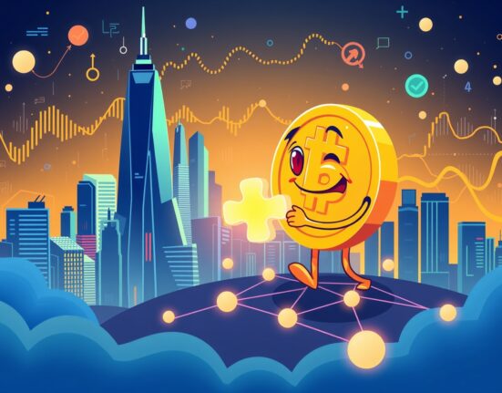 Strategic cartoon illustration of a cryptocurrency prediction market merger and expansion.