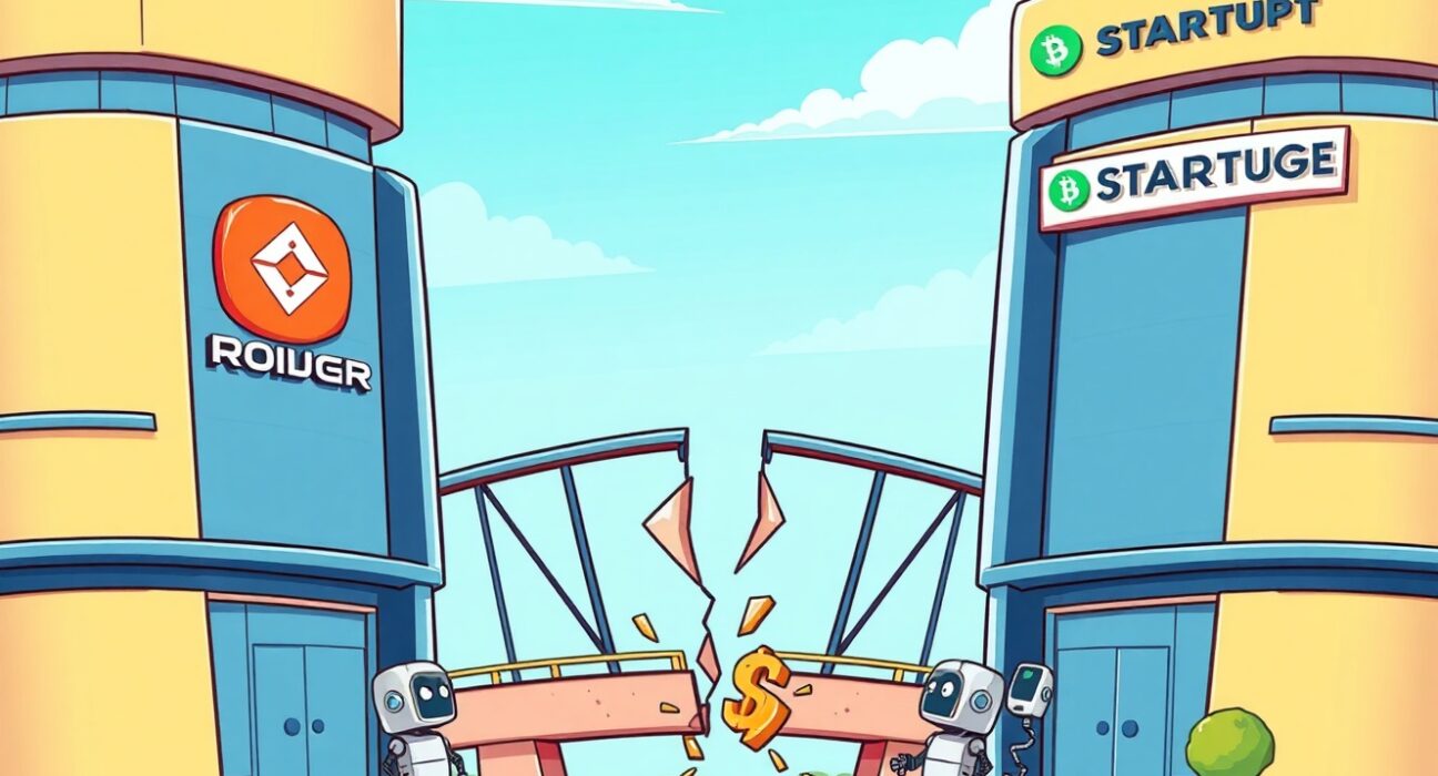 Coinbase acquisition deal collapse between crypto exchange and fintech startup illustrated with broken connection