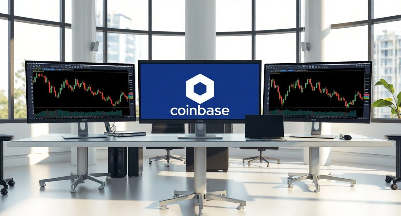 Cryptocurrency trading desk with monitors showing charts and Coinbase logo