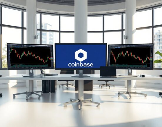 Cryptocurrency trading desk with monitors showing charts and Coinbase logo