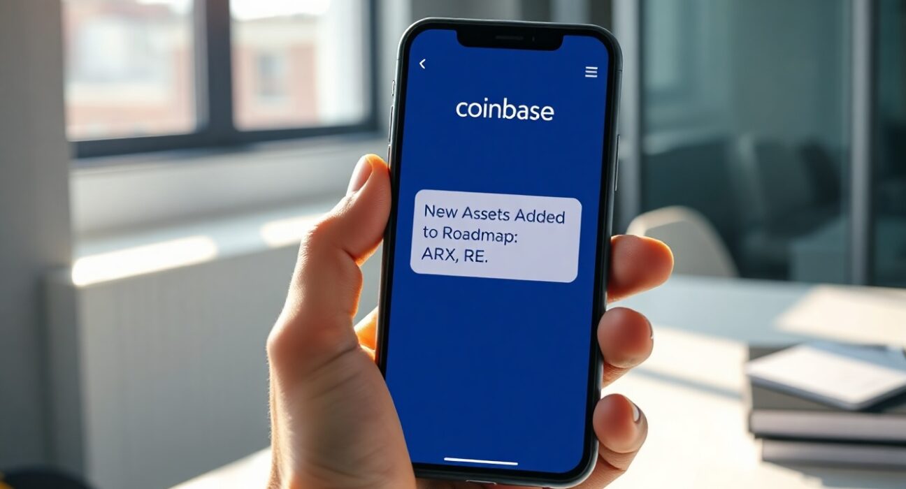 Smartphone showing Coinbase app with new ARX and RE tokens added to listing roadmap.