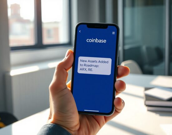 Smartphone showing Coinbase app with new ARX and RE tokens added to listing roadmap.