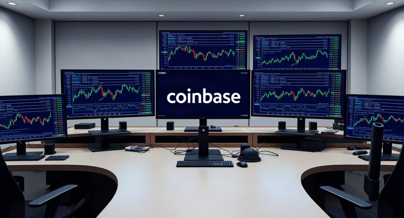 Coinbase trading interface on a monitor at a professional trading desk