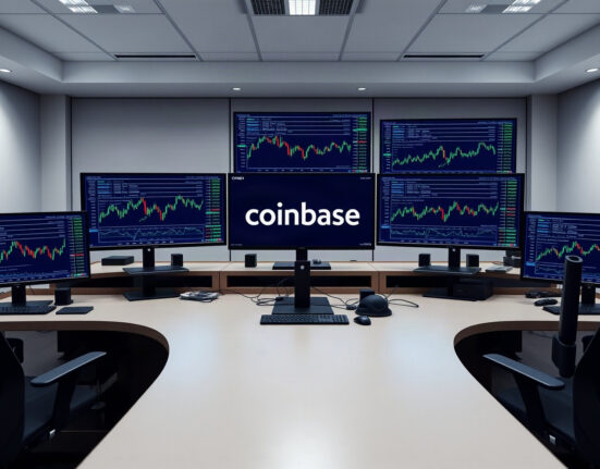 Coinbase trading interface on a monitor at a professional trading desk