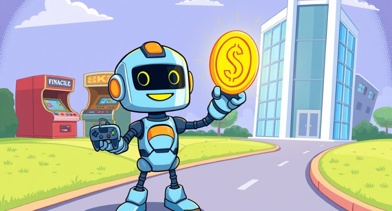 A vibrant cartoon robot holding a game controller and a coin, symbolizing the Coinbase adds BEAM listing for gaming crypto.