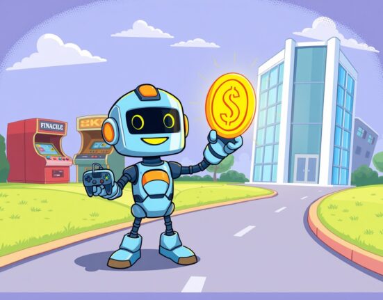 A vibrant cartoon robot holding a game controller and a coin, symbolizing the Coinbase adds BEAM listing for gaming crypto.