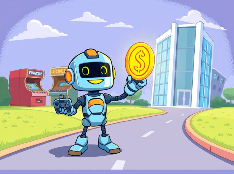 A vibrant cartoon robot holding a game controller and a coin, symbolizing the Coinbase adds BEAM listing for gaming crypto.