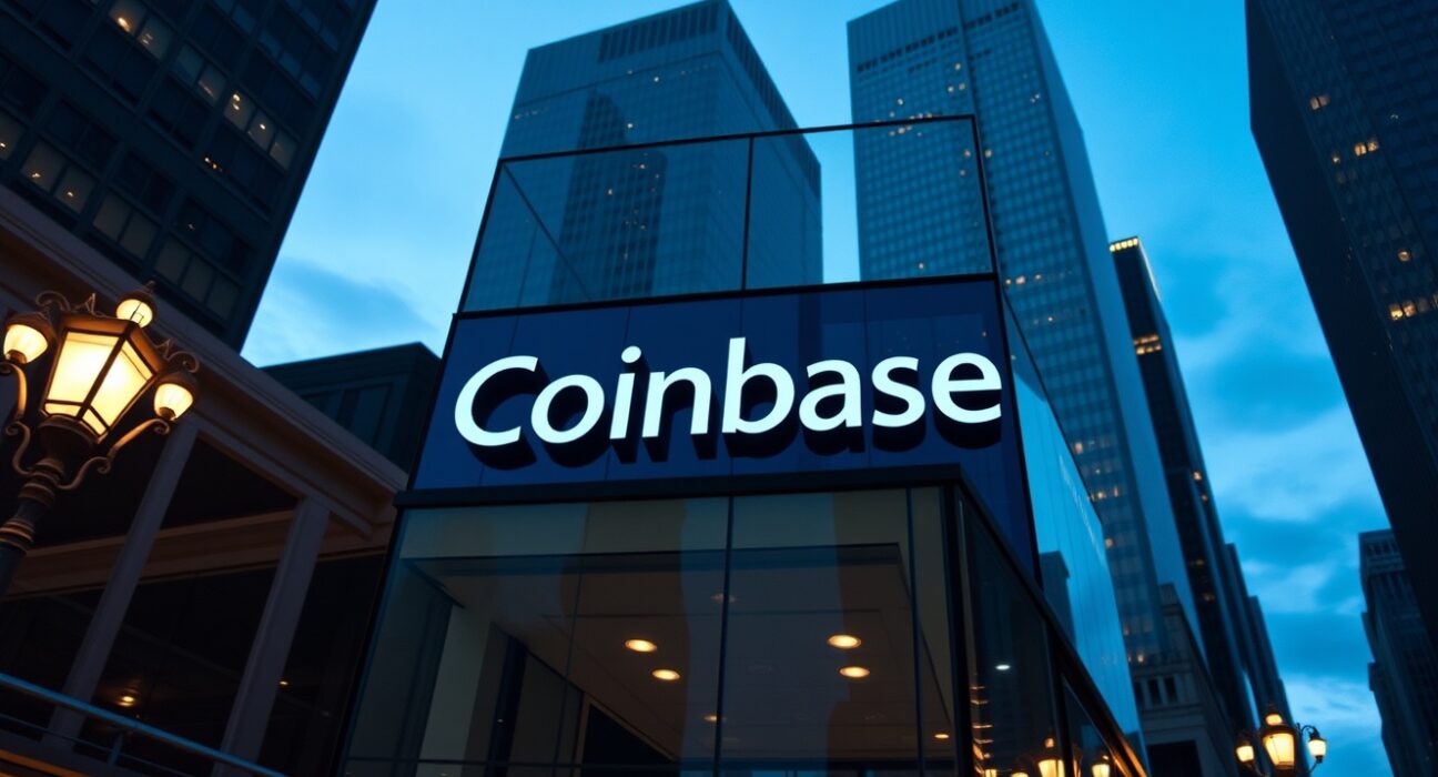 Coinbase office building with company logo at dusk in a financial district